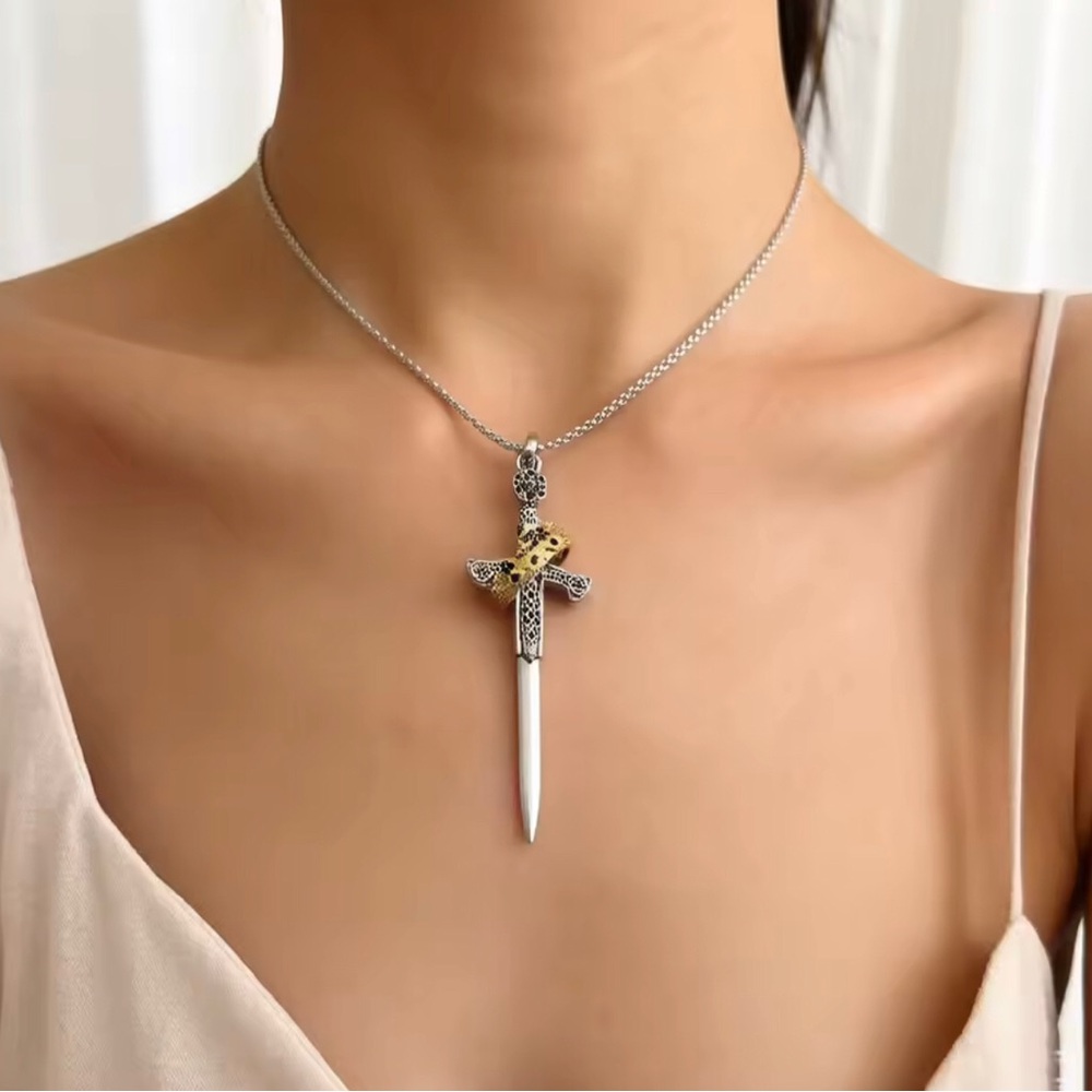 Sterling Silver Sword Cross Pendant Necklace with Gold Accent